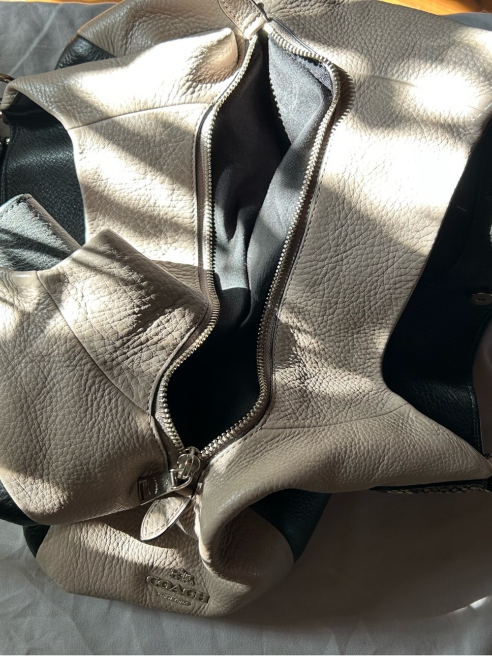 Coach Two-Tone Taupe and Black Pebbled Leather Shoulder Bag